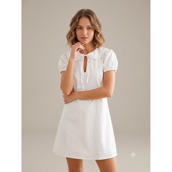 Princess Polly Dresses & Skirts - Princess Polly White You've Got Mail Dress Peter Pan Collar Eyelet Lace Puff 2